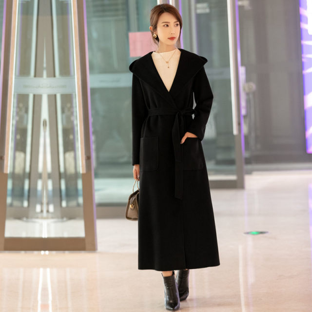 连帽双面绒外套2025春季新款赫本风宽松超长款羊毛呢子大衣女过膝