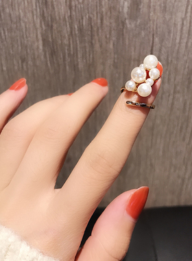 指甲戒指韩版时尚气质女珍珠水钻