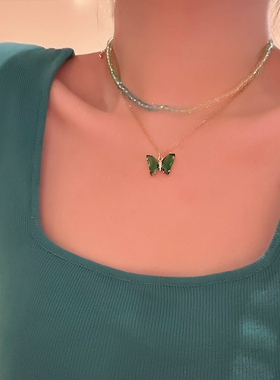 双层高级感蝴蝶渐变法式锁骨链