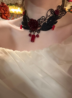 暗黑风红玫瑰蕾丝项链独特复古