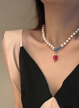 夏季甜美可爱红色草莓珍珠项链