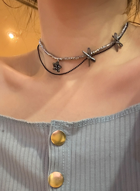 小众甜酷蝴蝶结黑色星星双层项链