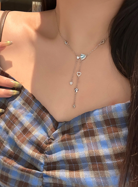 法式浪漫镶钻爱心流苏项链甜美