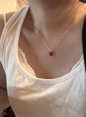 甜美红色爱心吊坠项链春季锁骨链