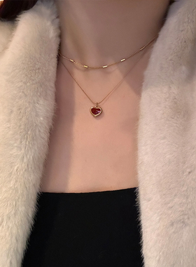 新年简约安可拉红爱心吊坠项链