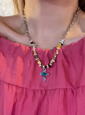 爱心蓝液十字架碎石项链女