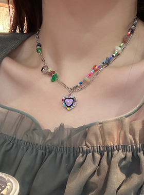 夏季彩色滴釉爱心项链女2024年新款小众锁骨链高级感短款颈链配饰