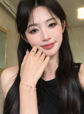 甜美彩色闪钻四叶草开口戒指手链