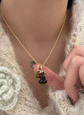金色虎眼石双葫芦吊坠项链女时尚