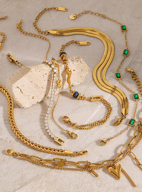 欧美不锈钢锆石珍珠手链高级感小众金属链条钛钢手饰跨境饰品