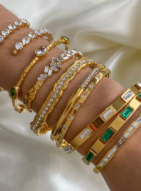 欧美不锈钢锆石手镯感ins开口镯子钛钢手饰跨境bracelet