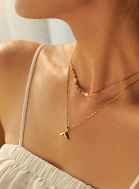 亚马逊潮流18k金不锈钢双层鱼尾吊坠项链不掉色时尚百搭饰品