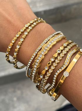 欧美满钻手镯不掉色环保手环轻奢感金镯子仿真不锈钢饰品