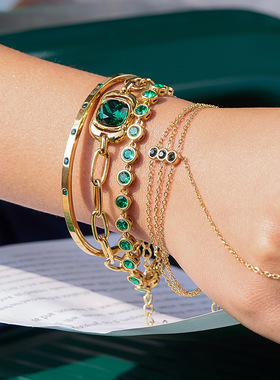 不锈钢绿色锆石连指手链女轻奢小众饰品感戒指钛钢不掉色