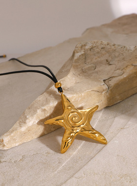 ins18k金不锈钢五角星钛钢耳环超大复古螺纹海星吊坠黑色蜡绳