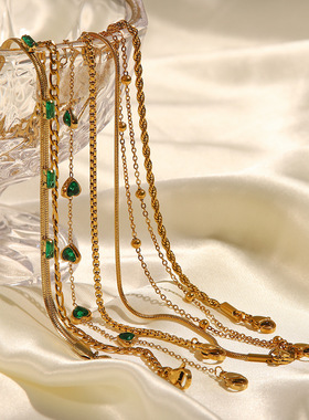 法式小众镀金锆石手链带闪绿色设计高级感轻奢手链不掉色钛钢首饰