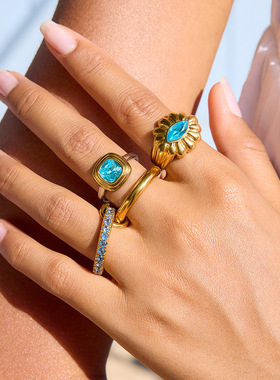 欧美蓝色锆石戒指钛钢不掉色首饰轻奢感指环跨境爆款饰品