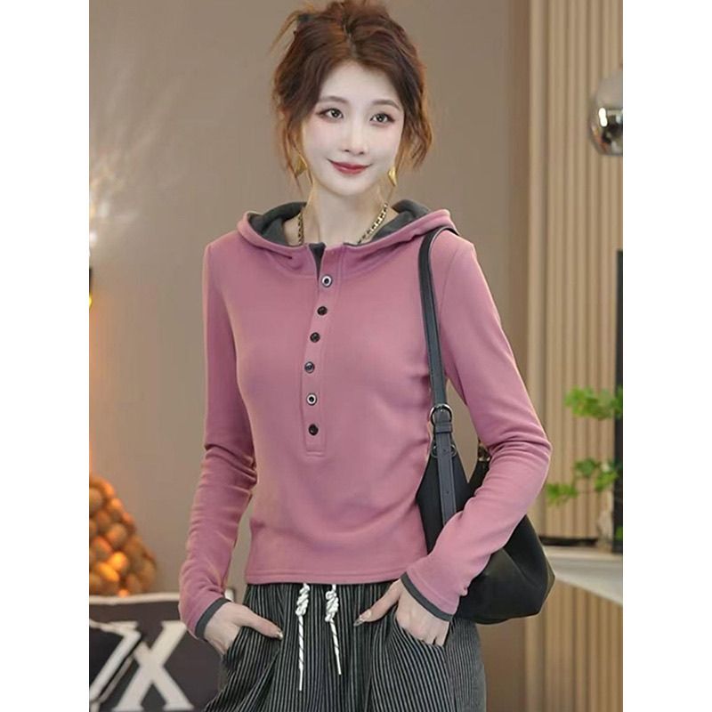 韩版连帽半开领上衣女秋冬季新款设计感双面德绒长袖外穿保暖小衫 - 图0