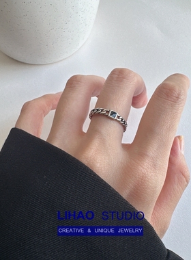 复古小方形黑色戒指女ins潮简约