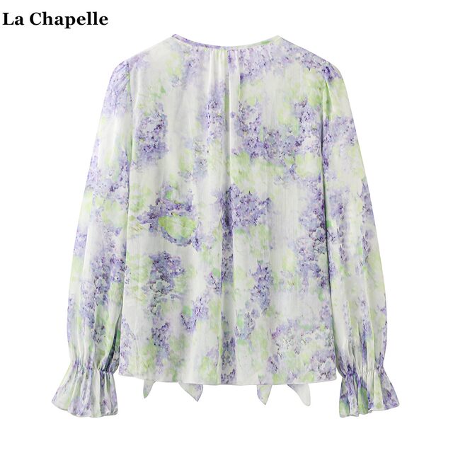 ເສື້ອຍືດແຂນຍາວ La Chapelle ແບບຣີສອດ ruffled floral chiffon ສໍາລັບແມ່ຍິງ summer ໃຫມ່ແບບຝຣັ່ງອ່ອນໂຍນ smudged ເສື້ອແຂນຍາວ
