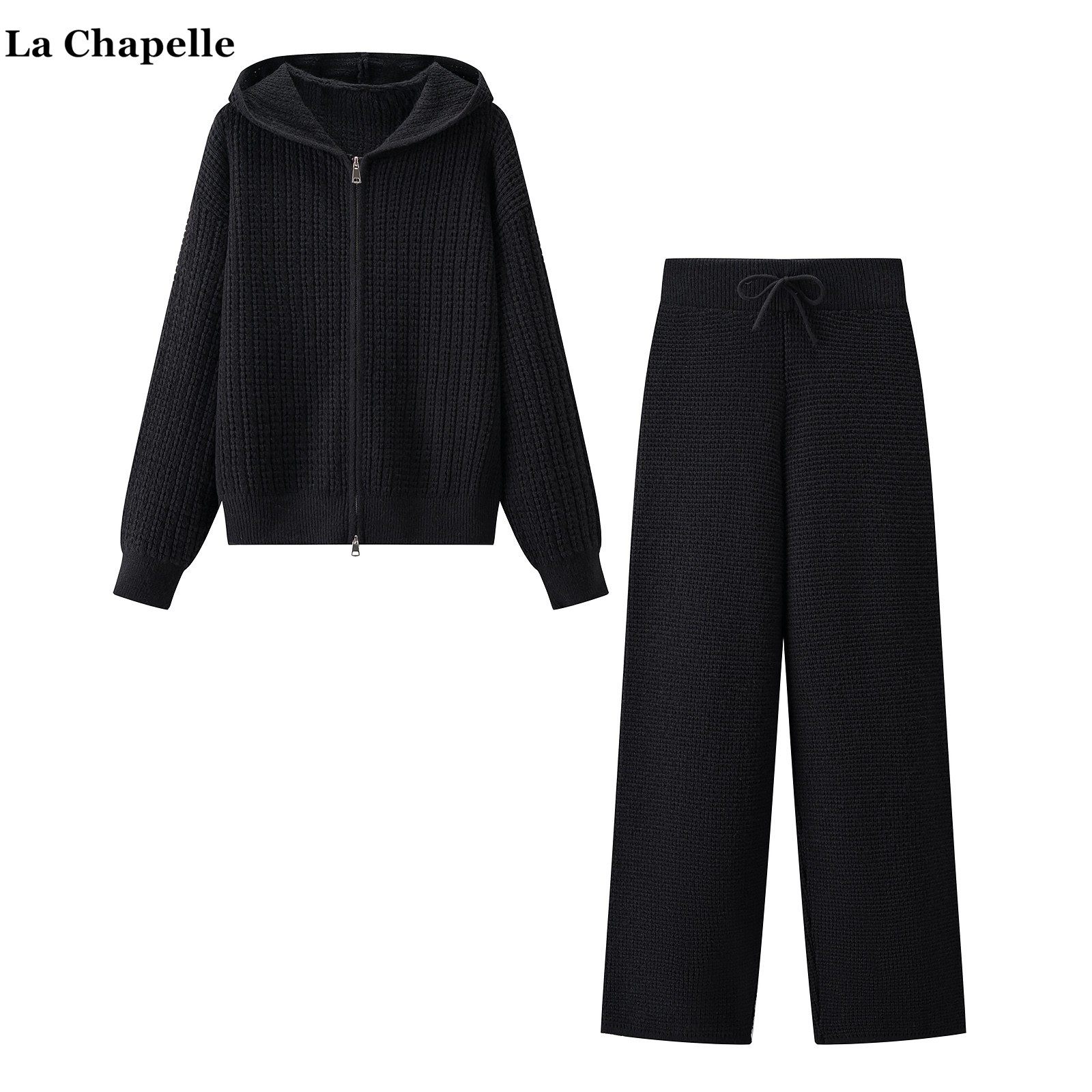 拉夏贝尔/La Chapelle休闲连帽针织开衫高腰阔腿裤女秋冬俩件套装,淘宝优惠券,粉丝福利购,淘宝优惠卷