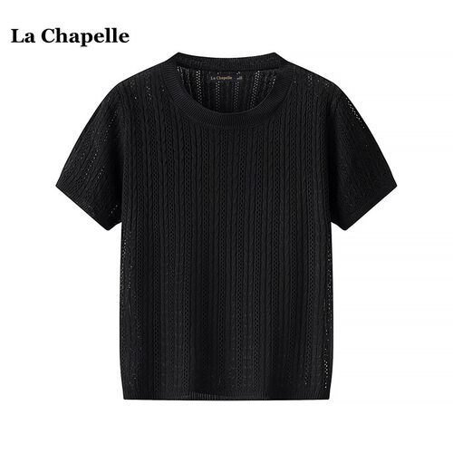 拉夏贝尔/La Chapelle韩系修身显瘦短袖针织衫女夏季洋气圆领上衣 - 图0