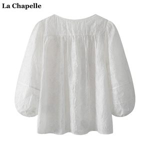 拉夏贝尔/La Chapelle白色娃娃衫衬衣女春夏圆领七分袖衬衫上衣