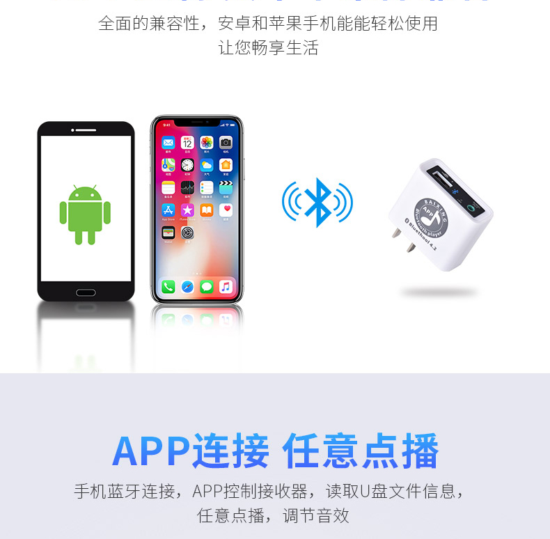 APP蓝牙音频接收器电视电脑投影机功放视音响秒变无线无损U盘控制