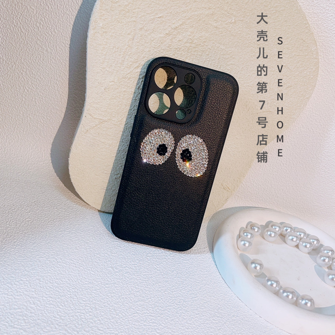 原创小众简约水钻呆萌大眼睛适用iphone14promax手机壳全包防摔高级感皮质新款苹果13保护套小红书网红同款12