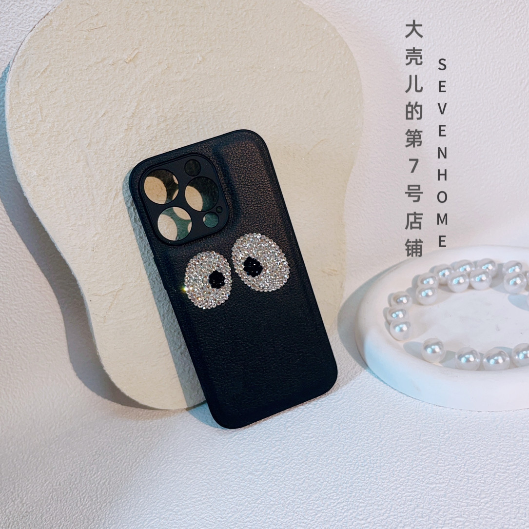 原创小众简约水钻呆萌大眼睛适用iphone14promax手机壳全包防摔高级感皮质新款苹果13保护套小红书网红同款12