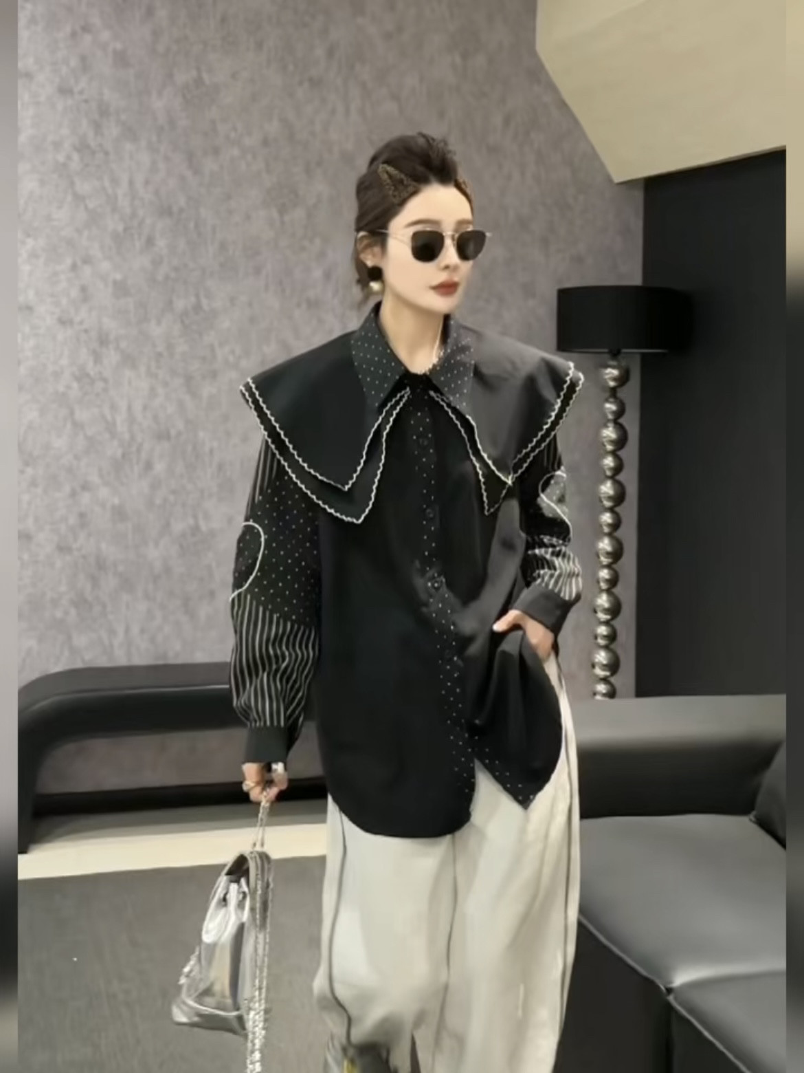 秋冬大码女装娃娃领波点衬衫女宽松显瘦减龄内搭外穿小众长袖上衣,淘宝优惠券,粉丝福利购,淘宝优惠卷