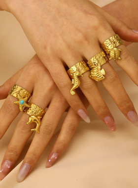 金色海洋主题加宽纹理钛钢戒指