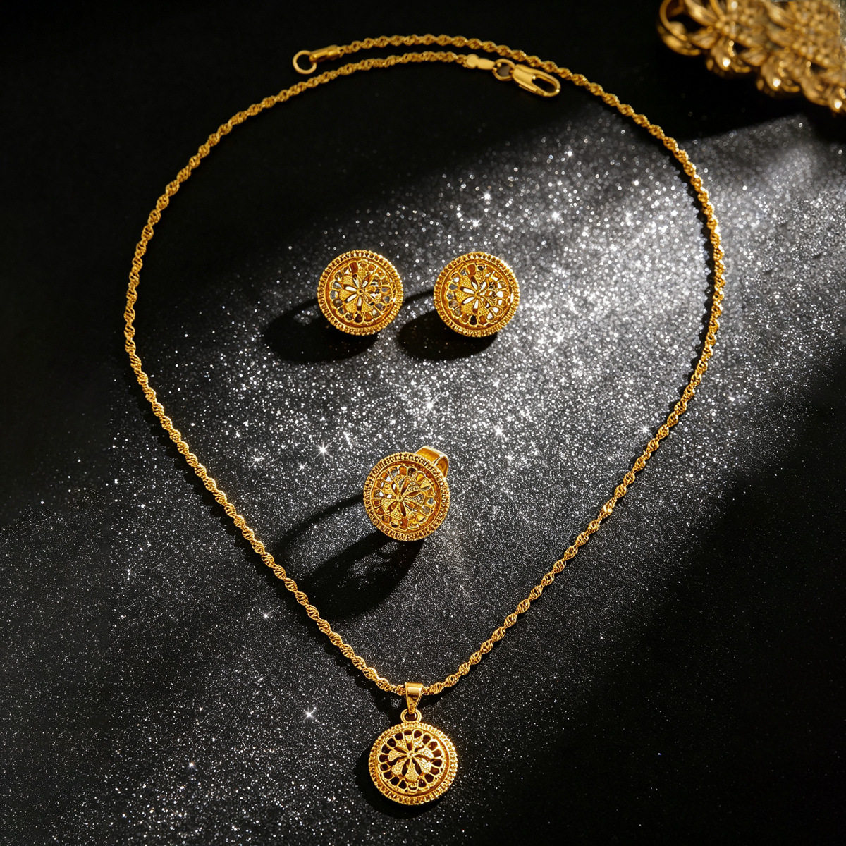 Gold Hollow Sunflower Disc Jewelry Set