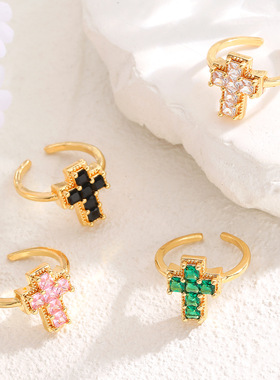 清新自然复古森系十字架锆石戒指