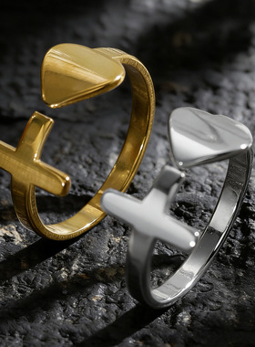 ins极简风钛钢十字架上开口戒指