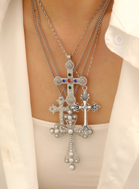 复古金银两色十字架叠戴多层项链