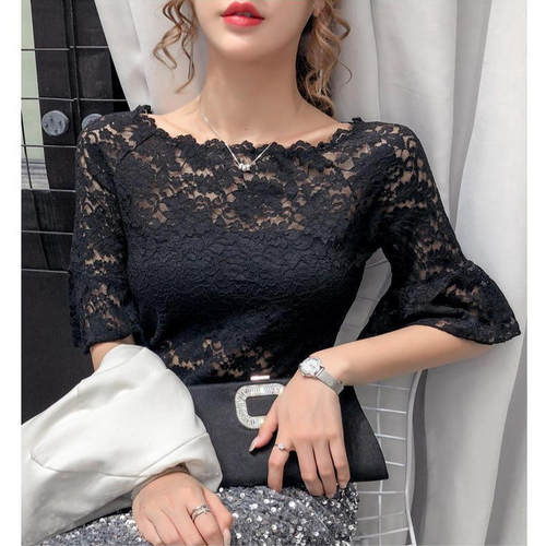 2023夏季新款名媛风气质性感蕾丝衫女镂空喇叭袖上衣圆领短袖T恤 - 图1