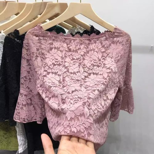 2023夏季新款名媛风气质性感蕾丝衫女镂空喇叭袖上衣圆领短袖T恤 - 图2