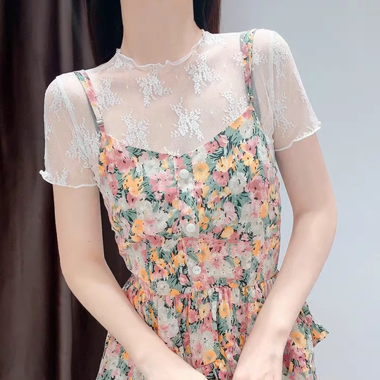 Lace short-sleeved T-shirt with suspender skirt gauze bottoming shirt
