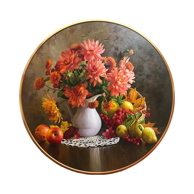 手绘油画水果静物瓶花装饰画欧式玄关门厅餐厅壁画卧室过道圆形画 虎窝淘