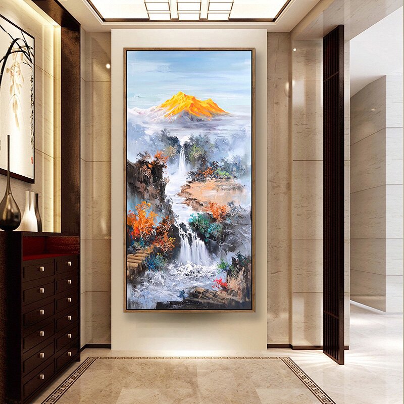 手绘山水风景油画新中式玄关壁画走廊楼道客厅竖版装饰画聚财金山_虎窝淘