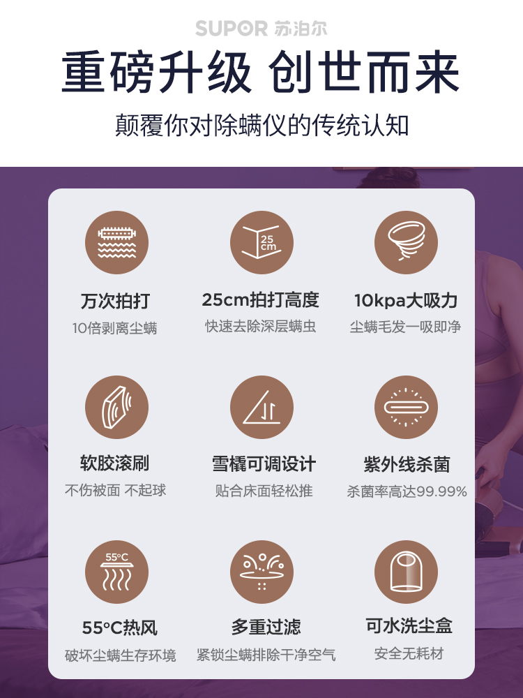 苏泊尔官方旗舰店苏泊尔除螨仪VCM12T紫外线杀菌机家用大功率床上除螨神器吸尘器1