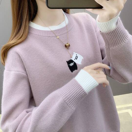 Autumn and winter velvet thickened knitted thermal sweatshirt student long-sleeved bottoming shirt embroidered loose large size pullover sweater for women