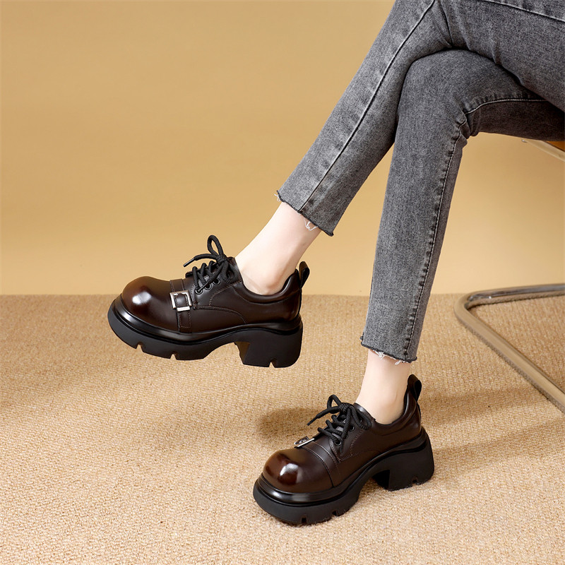 休闲百搭皮鞋女2025新款冬季加绒保暖时尚潮流粗跟增高系带乐福鞋,淘宝优惠券,粉丝福利购,淘宝优惠卷
