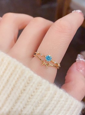 小众精致轻奢百搭蓝钻双层蝴蝶结开口戒甜美简约设计感食指环戒指