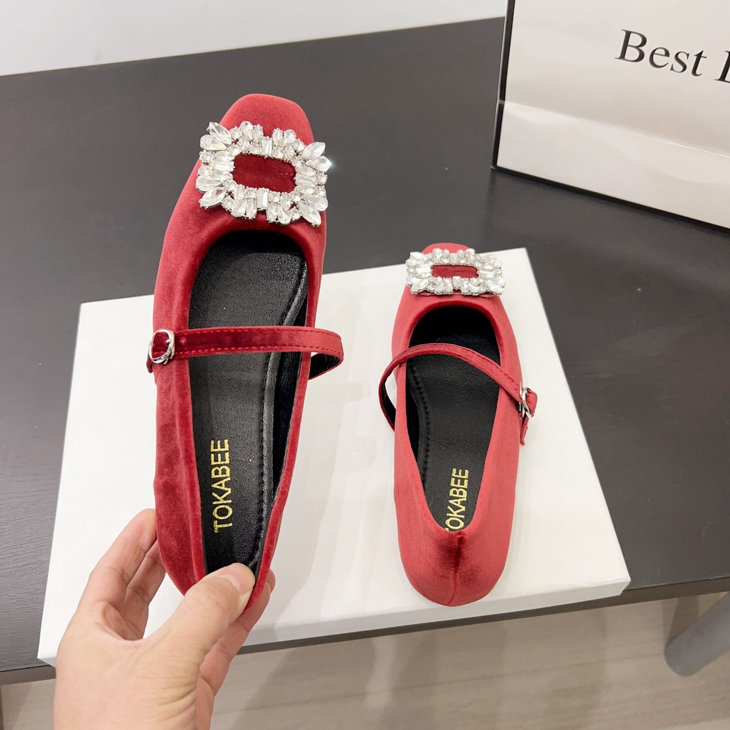 水钻绒面一字带玛丽珍单鞋女2026春季新款法式内增高平底红色婚鞋,淘宝优惠券,粉丝福利购,淘宝优惠卷