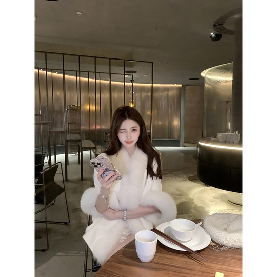 Ruoyu customized Showa Fox 100 wool fox fur mid-sleeve cape coat socialite short double-sided woolen coat