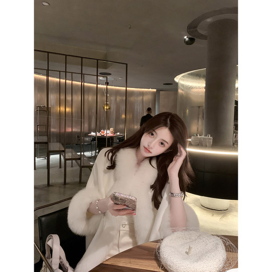 Ruoyu customized Showa Fox 100 wool fox fur mid-sleeve cape coat socialite short double-sided woolen coat