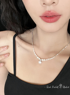 红口袋S925纯银珍珠碎银子锁骨链