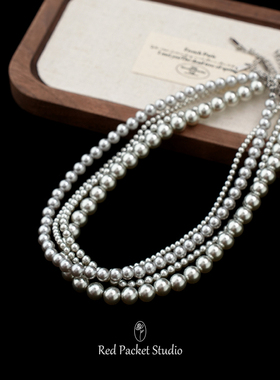 红口袋法式复古施家珍珠项链简约清冷银灰色珍珠锁骨链choker叠戴